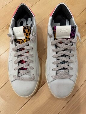 P448 White Leather Low-Top Sneakers with Multicolor Leopard Tongues